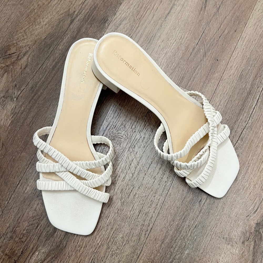 Reformation Cream Ruched Strap Block Heel Sandals Square Toe 7.5
